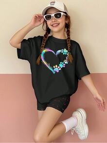 Girls' Soft Cotton TShirt With Whimsical Heart And Paw Print Graphic  Adorable Short Sleeve Tee For Playdates And Everyday Adventures  Fun And Stylish Top For Little Ones  Perfect For Animal Lovers Featuring Vibrant, EyeCatching Colors And A Comfortable Fit  Durable Fabric Holds Up To Washing And Wear  A Cute And  Addition To Her Wardrobe! - Black - View 1