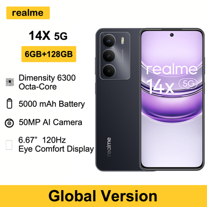 Realme 14X 6GB+128GB AI 5G LTE 全球版解锁手机 Andrid 15 智能手机联发科天玑 6300 处理器手机 5000mAh 大电池 质量可靠
