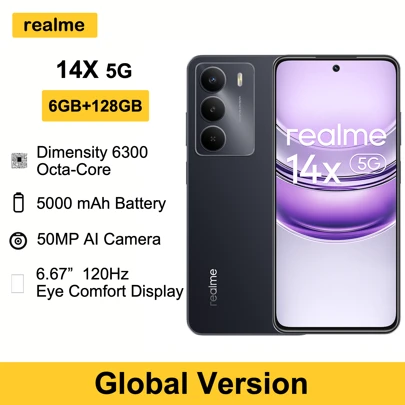 Realme 14X 6GB+128GB AI 5G LTE、グローバルバージョン、SIMフリー、Android 15スマートフォン、Mediatek Dimensity 6300プロセッサー、5000mAh大容量バッテリー、高品質、クリスマスギフト/プレゼント、充電器なし