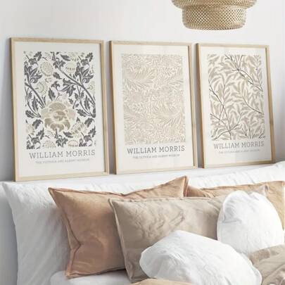 3 Pieces Of William Morris Floral Canvas Wall Art Set, Beige Retro Decoration, Optional Wooden Frame Retro Poster, Suitable For Living Room, Bedroom, Home Office - Neutral Home Decoration Gift