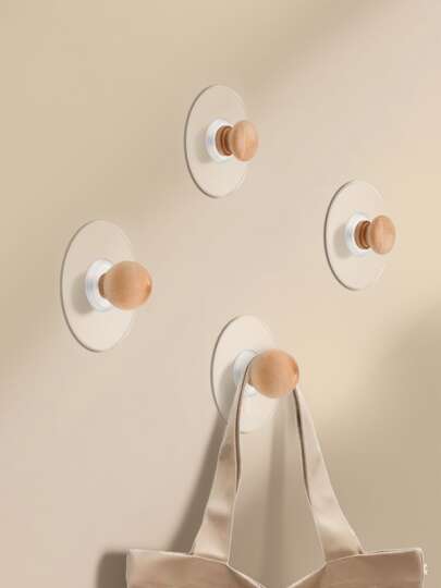 meike 2/4 件易于安装的木质墙钩，几何形状壁挂式挂钩，用于悬挂衣服、外套、帽子、围巾、浴室毛巾、橱柜门创意自粘式木质手柄，无需钻孔