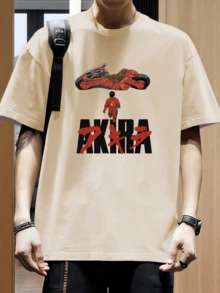Men's Black T-Shirt With AKIRA Anime Theme Print, Men's 220gsm New Summer Casual Crew Neck Pure Cotton Short Sleeve T-Shirt (1 Pc) - 杏色 - 查看 1