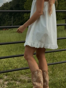 Women's Summer Dresses Sleeveless Ruffle Square Neck Tie-Up Front Solid Loose Short A-Line Mini Babydoll Dress - 白色 - 查看 6