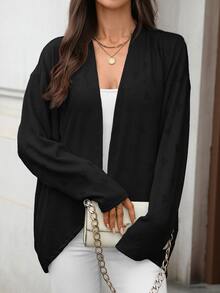 Damski, jednokolorowy, żakardowy, swobodny kardigan z długim rękawem, do pracy i na wyjścia, modny i elegancki, jesienno-zimowy top - Czarne - Zobacz 3