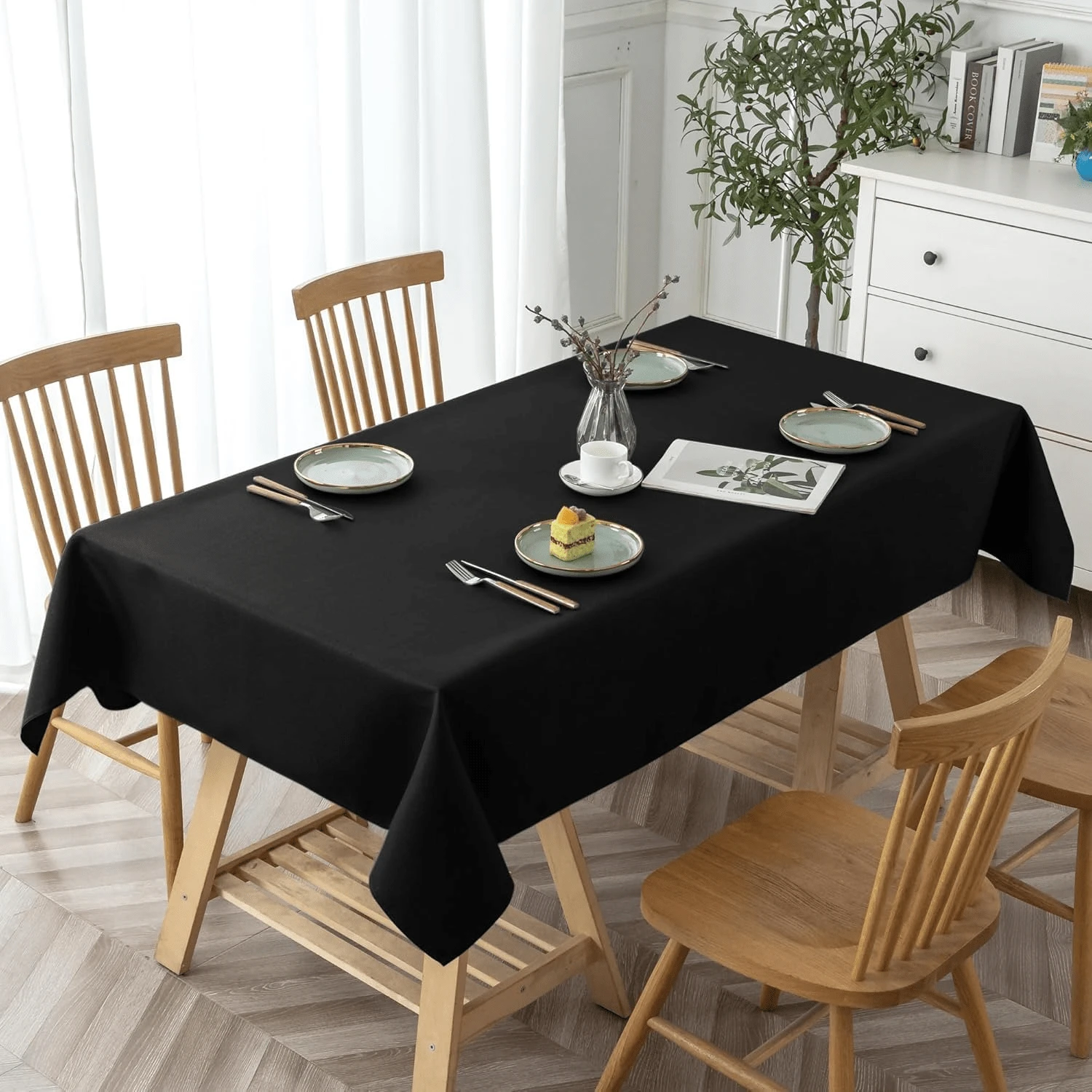Blutexpure Table Cloth - Polyester Table Cloth For Rectangle Table,Tablecloth, Decorative Tablecloths For Parties, Dinings, Picnics, Washable & Ironable (Black, 1Pack 60''x102'') - 黑色 - 查看 1