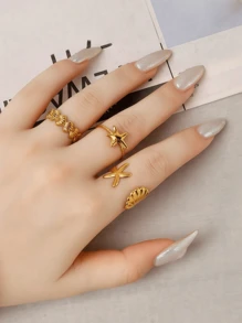 3pcs 18K Gold Plated Stainless Steel Adjustable Ring With Shell And Starfish Design, Gift Set - 3-piece Set No. 1 - View 2