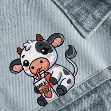 Parche de vaca bebiendo leche de 3.5 pulgadas, parche de hierro de vaca de color frío - Parche de hierro bordado/Parche cosido para mochila (que te brinda efectos visuales inesperados)