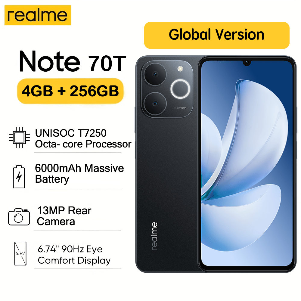 Realme Realme Note 70T Smartphone 4+256GB, 6.74 Inches 90Hz Screen, 13MP Rear Camera, 7.94mm Thin Body, 6000mAh Large Battery, 8-Core Phone, Global Version, WIthout Charger