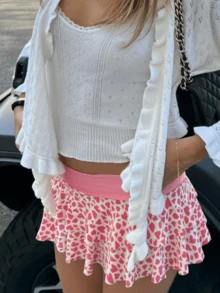 Layered Ruffle Mini Skirt For Women Summer Y2K Dots/Stripe/Heart Print/Solid Color Low Rise A-Line Tiered Short Skirts Party Club Beach Boho Skater Skirts - Màu Hồng baby - Xem 5