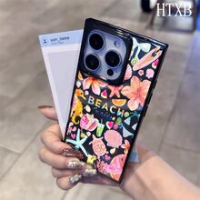Teléfono con diseño de patrón de bloques de flores, adecuado para las series 16 Pro, 16, 15 Pro, 14, 14 Plus, 13, 13 Pro, 12 Pro, 12 Pro. Diseño de cobertura total a prueba de golpes con orificio grande, marco liso brillante y prominente. - Negro - Ver 2