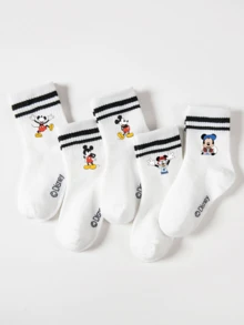Disney 5双装米奇图案儿童中筒袜，运动双条纹，可爱卡通设计，时尚休闲透气学生袜，适合日常穿着、返校季、节日礼物，袜子 - 彩色 - 查看 3