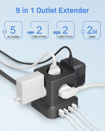 PASSUS Presa multifunzionale a forma di cubo con 5 prese CA e 4 porte USB - Funzione di ricarica USB-C PD da 20 W, presa a torre 9 in 1 con cavo di prolunga da 1,8 m per oggetti importanti nell'ufficio domestico o nella stanza del dormitorio
