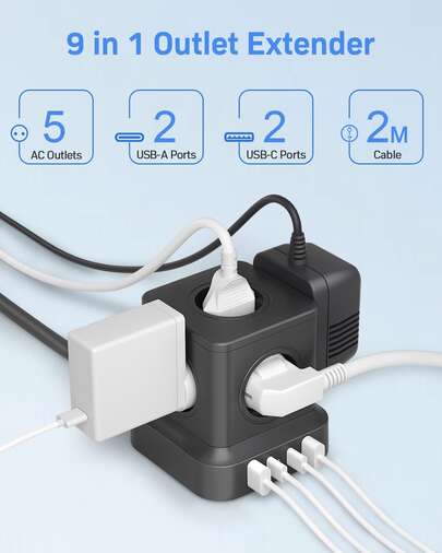 PASSUS Presa multifunzionale a forma di cubo con 5 prese CA e 4 porte USB - Funzione di ricarica USB-C PD da 20 W, presa a torre 9 in 1 con cavo di prolunga da 1,8 m per oggetti importanti nell'ufficio domestico o nella stanza del dormitorio