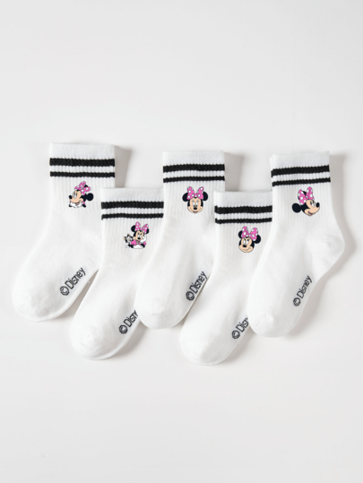 Disney 5 pares de calcetines hasta el tobillo con diseño de Minnie Mouse para niños, con rayas dobles deportivas, diseño de dibujos animados lindos, cómodos y de moda para estudiantes, adecuados para uso diario, vuelta al colegio, regalos festivos