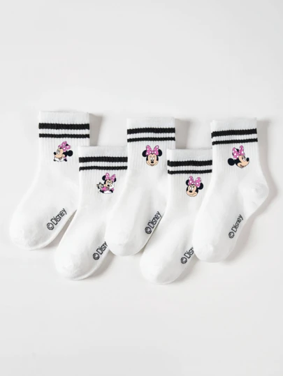 Disney 5双装米妮图案儿童中筒袜，运动双条纹，可爱卡通设计，时尚休闲舒适学生袜，适合日常穿着、返校季、节日礼物