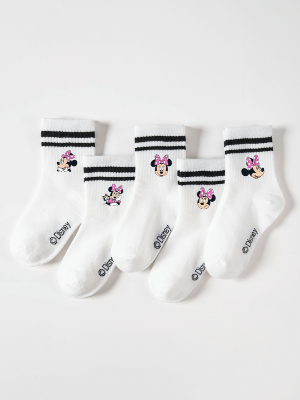 Disney 5双装米妮图案儿童中筒袜，运动双条纹，可爱卡通设计，时尚休闲舒适学生袜，适合日常穿着、返校季、节日礼物