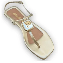 Sandália rasteirinha metalizada dedinho com tira com flores