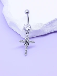 1pc Rhinestone Double Gem Navel Belly Ring, Fashion Piercing Jewelry