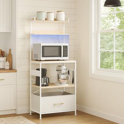 Baker's Rack, Microwave Oven Stand, Kitchen Tall Utility Storage Shelf, With USB Power Outlet&LED 5 Hooks And Metal Frame, Industrial, 16.34"D X 22.83"W X 57.09"H Inches