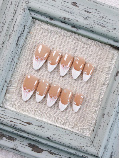 Gentle Style 10 Long Almond Shaped Press On Nails, Cute Gentle Style French Wearing Nails With Hand-Painted Light Pink Bows And Pearl Embellishments, Fully Adhesive Detachable Fake Nail Set, Suitable For Office Workers, Students, Party Girls, And Nail Supplies Of All Seasons, Equipped With 1 Piece Of Fruit Jelly And 1 Nail File.