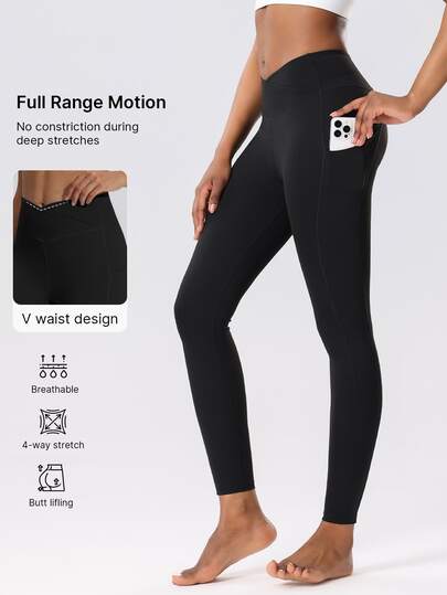 1 件女式交叉 V 腰紧身裤，紧身裤，跑步紧身裤，夏季长裤，户外紧身裤，健身服，高腰提升设计，2 个口袋，腰部瘦身设计，高弹性，柔软舒适，吸湿排汗，适合健身房锻炼、运动、瑜伽、普拉提、户外、跑步、慢跑、足球、网球、骑自行车