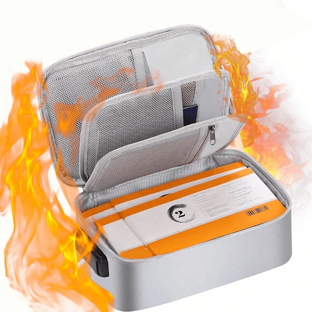 Bolso de mano organizador resistente al fuego para pasaporte, ID, efectivo, artículos pequeños, llaves, tarjetas bancarias, bolsa de almacenamiento de viaje portátil, bolsa de almacenamiento de baterías - Colección de bolsas organizadoras de ID de temporada escolar pequeña, resistente al fuego - Plateado - Ver 1