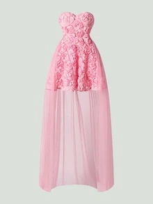 Faeriesty 优雅迷你婚纱，饰以精致的 3D 立体花卉贴花和轻盈的薄纱拖尾——非常适合夏季婚礼、花园派对、奢华仪式或正式晚宴。 - 粉色 - 查看 10