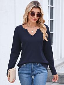 Damska koszulka z długim rękawem i dekoltem w serek, casualowa, modna odzież do pracy na jesień/zimę - Granatowy - Zobacz 1