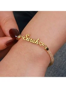 Customized Stainless Steel Name & Heart Charm Adjustable Mesh Bracelet, Handmade Cubic Zirconia, Best Gift For Christmas, Valentine's Day, Mother's Day, Easter, Casual, Elegant, Preppy, Boho, Cute, Stylish, Y2K - Multicolor - View 4