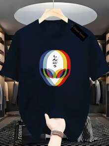 Men's T-Shirt With Reflective ET Print, 100% Cotton Blouse, Round Neck, Shirt In Various Colors - Navy Blue - View 1