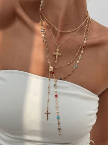 4-In-1 Vintage Elegant Fashion Hip Hop Retro Coin Rhinestone Cross Pendant Tassel Long Necklace Set, Unique Layered Choker Necklace For Women, Suitable For Summer, Party, Formal Occasion, Daily Wear
