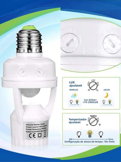 Kit 1/2/3 Soquete Inteligente E27 com Sensor de Movimento Liga Desliga Sozinho 110~240V