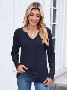 Damska koszulka z długim rękawem i dekoltem w serek, casualowa, modna odzież do pracy na jesień/zimę - Granatowy - Zobacz 6