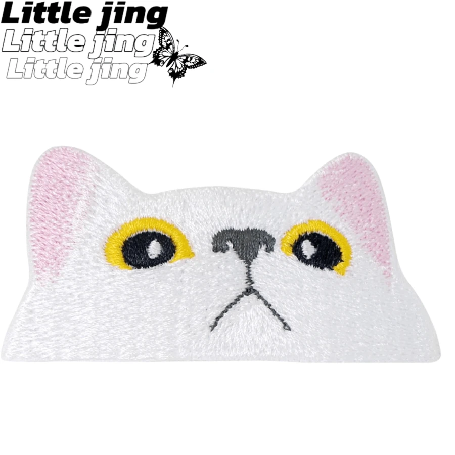 Pegatinas bordadas con forma de gato blanco triste de la marca Little Jing, con , para coser en ropa, bolsos y decorar con bordados en forma de corazón