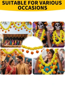 1条人造万寿菊花环 - 4.5英尺长，黄色仿真悬挂式，万圣节装饰，适用于家居餐厅、墙壁、拱门、门口、室内外装饰、婚礼背景、排灯节、感恩节、圣诞节派对、节日、乔迁礼物 - 黃色 - 查看 3