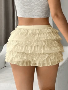 Women Lolita Bloomers Cute Bow Front Layered Ruffle Shorts Lace Pumpkin Tiered Mesh Micro Pants Boyshorts Layered Boy Bottoms Y2k Sweet Pettipants Elastic Boxer Briefs - Vàng nhạt - Xem 5