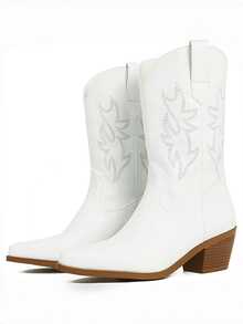White Cowboy Boots Women Comfortable Retro Pull On Pointed Toe Wide Calf Long Chunky Heel Coastal Cowgirl Jaripeo Boots Country Concert Festival Shoes - 白色 - 查看 10