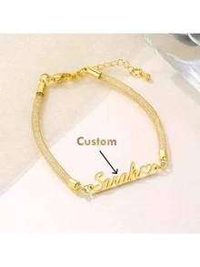 Customized Stainless Steel Name & Heart Charm Adjustable Mesh Bracelet, Handmade Cubic Zirconia, Best Gift For Christmas, Valentine's Day, Mother's Day, Easter, Casual, Elegant, Preppy, Boho, Cute, Stylish, Y2K - Multicolor - View 3