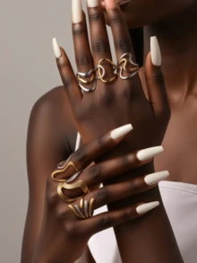 6 件不锈钢 18K 镀金双色艺术金色个性化戒指，派对礼物，时尚风格，女士珠宝，金戒指，优雅戒指，精美礼物，色块设计，女士金戒指，几何设计，不对称戒指，独特设计戒指 - 幾何設計 - 查看 5