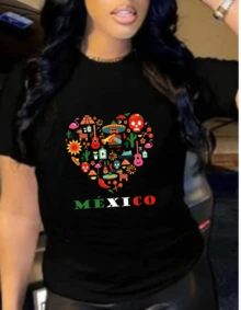 Playera estampada grafico mexicano con corazón lleno de  alegría mexicana, uso diario, chic, cómoda - Negro - Ver 1