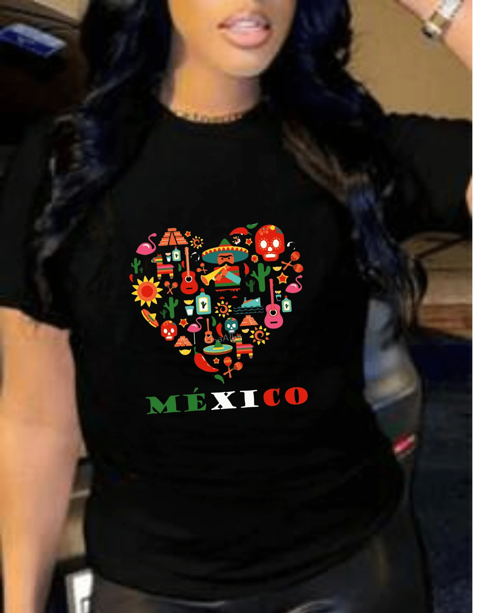Playera estampada grafico mexicano con corazón lleno de alegría mexicana, uso diario, chic, cómoda - Negro - Ver 1