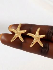 2 件全新 18K 镀金不对称海星设计不锈钢耳环，海滩礼物 - 海星 - 查看 2