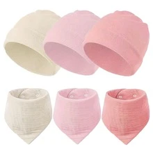 Binomata Set de 3 piezas para recién nacido: gorro, babero y paño de eructo, gorro de doble capa suave unisex para bebé, baberos absorbentes, paño de costilla fina resistente a manchas de leche, adecuado para bebés niños y niñas de 0 a 24 meses
