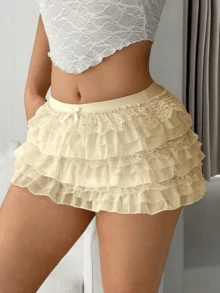 Women Lolita Bloomers Cute Bow Front Layered Ruffle Shorts Lace Pumpkin Tiered Mesh Micro Pants Boyshorts Layered Boy Bottoms Y2k Sweet Pettipants Elastic Boxer Briefs - Vàng nhạt - Xem 4