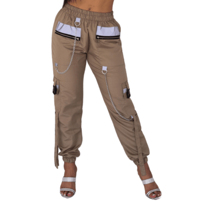calça cargo  jogger com refletivo e correntes  Letra    Poliéster    Bolso  Cargo  Zíper  Refletivo / Refletor    roupas femininas  Palco e Concerto  Noite  Feriado  Diário  Festa de aniversário    primavera, verão, frio