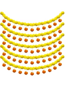 1条人造万寿菊花环 - 4.5英尺长，黄色仿真悬挂式，万圣节装饰，适用于家居餐厅、墙壁、拱门、门口、室内外装饰、婚礼背景、排灯节、感恩节、圣诞节派对、节日、乔迁礼物 - 黃色 - 查看 1