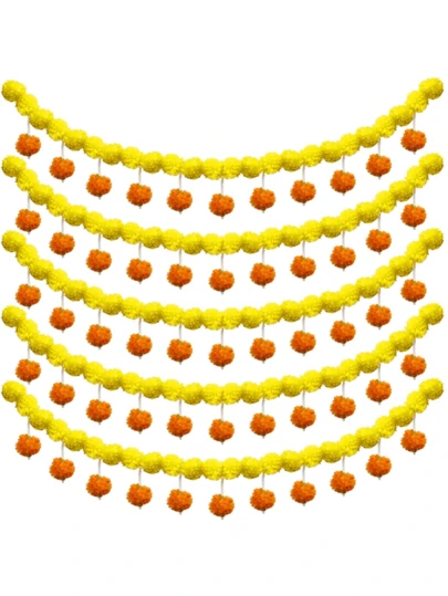 1条人造万寿菊花环 - 4.5英尺长，黄色仿真悬挂式，万圣节装饰，适用于家居餐厅、墙壁、拱门、门口、室内外装饰、婚礼背景、排灯节、感恩节、圣诞节派对、节日、乔迁礼物