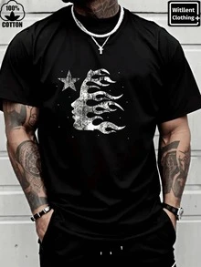 Fiery Face Profile With Star Graphic T-Shirt 100% Cotton  Distressed Vintage Look Casual Comfort Fit Menswear - màu đen - Xem 1