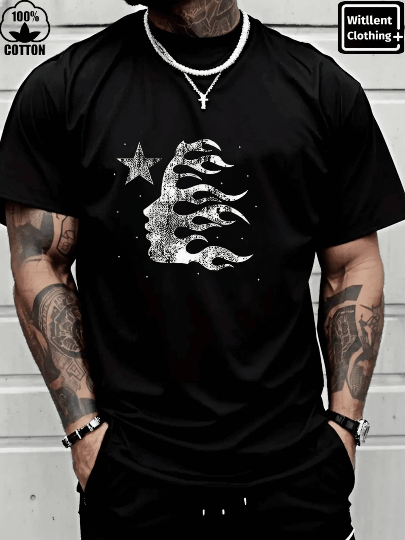 Fiery Face Profile With Star Graphic T-Shirt 100% Cotton  Distressed Vintage Look Casual Comfort Fit Menswear - màu đen - Xem 1