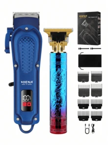 HIENA 2 件/套男士理发套装，配备 T9 刀片、LED 数字显示理发器和集成修剪工具套件，适合家庭使用（另有单个理发器选项） - 藍色 - 查看 2